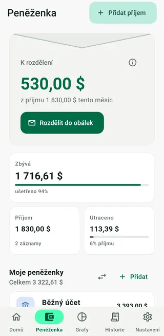Obrazovka peněženky v Envello s penězi k rozdělení, příjmy, výdaji a peněženkami