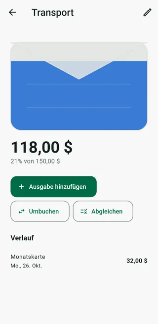 Envello-Umschlagdetails mit Verlauf und der Schaltfläche zum Abgleichen