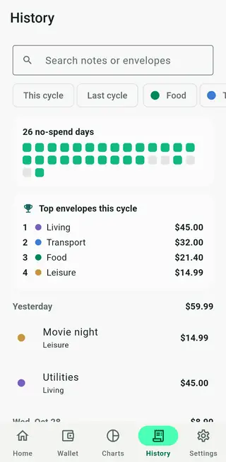 Envello history screen with searchable transactions