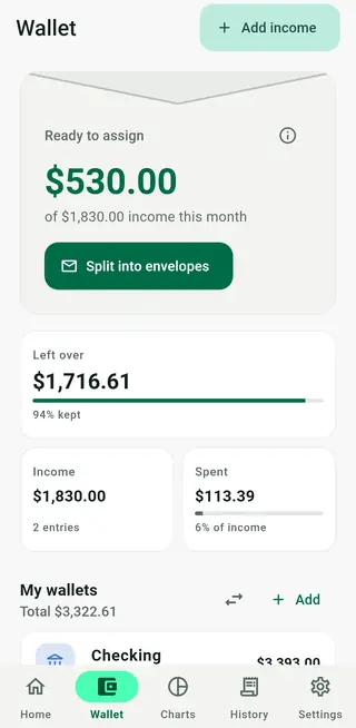 Envello wallet screen showing money ready to assign, income, spending and wallets