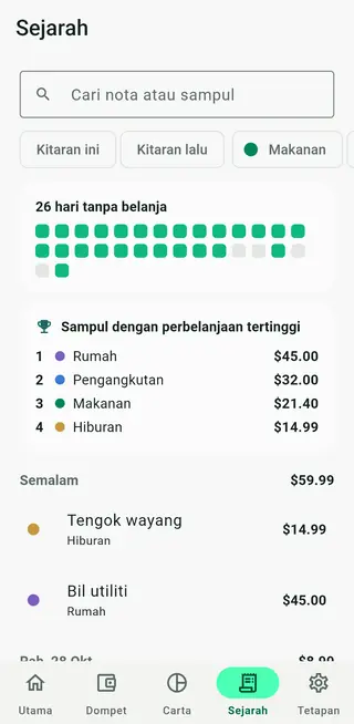 Skrin sejarah Envello dengan transaksi yang boleh dicari