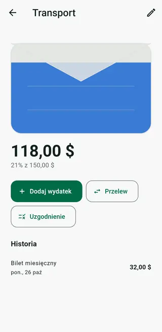 Ekran szczegółów koperty w Envello z historią i przyciskiem uzgadniania