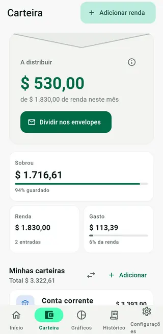 Tela da carteira do Envello mostrando o valor a distribuir, entradas, gastos e carteiras